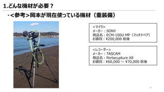 ・<参考>岡本が現在使っている機材（重装備）
<マイク>
メーカー：SONY
商品名：ECM-100U MP（マッチドペア）
お値段：¥200,000 前後
<レコーダー>
メーカー：TASCAM
商品名：Portacupture X8
お値段：¥60,000 ～ ¥70,000 前後
1.どんな機材が必要？
30
 