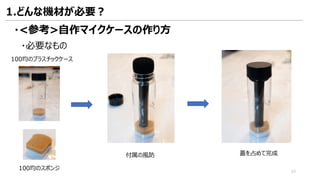・<参考>自作マイクケースの作り方
1.どんな機材が必要？
・必要なもの
100均のプラスチックケース
100均のスポンジ
付属の風防
33
蓋を占めて完成
 