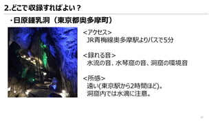 <アクセス>
JR青梅線奥多摩駅よりバスで5分
<録れる音>
水流の音、水琴窟の音、洞窟の環境音
<所感>
遠い(東京駅から2時間ほど)。
洞窟内では水滴に注意。
・日原鍾乳洞（東京都奥多摩町）
2.どこで収録すればよい？
38
 