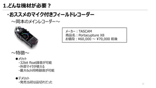 ～岡本のメインレコーダー～
～特徴～
●メリット
・32bit float録音が可能
・外部マイクが使える
・最大6ch同時録音が可能
●デメリット
・発売当初は品切れだった
メーカー：TASCAM
商品名：Portacupture X8
お値段：¥60,000 ～ ¥70,000 前後
・おススメのマイク付きフィールドレコーダー
1.どんな機材が必要？
10
 