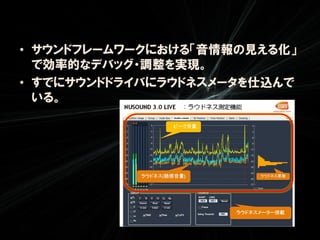 • サウンドフレームワークにおける「音情報の見える化」
  で効率的なデバッグ・調整を実現。
• すでにサウンドドライバにラウドネスメータを仕込んで
  いる。
 