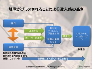 触覚がプラスされることによる没入感の高さ

上達する
ストーリーが進む

最後に

到達点
基本はこの繰り返しだが
要求される内容は多彩で
複雑になっている

世界観にどんどん引き込まれる

© 2013 SQUARE ENIX CO., LTD. All Rights Reserved.

 