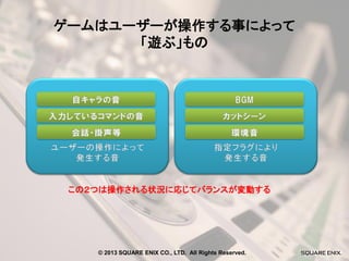 ゲームはユーザーが操作する事によって
「遊ぶ」もの

この２つは操作される状況に応じてバランスが変動する

© 2013 SQUARE ENIX CO., LTD. All Rights Reserved.

 
