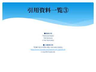 ■楽曲引用
「Diamond Head」
THE Ventures
© THE VENTURES
■CM映像引用
「日本ハム シャウエッセン CM SHAU ESSEN」
https://www.youtube.com/watch?v=mY_6pzGXUJE
© 2014 NH Foods Ltd.
引用資料一覧③
 