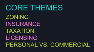 CORE THEMES
ZONING
INSURANCE
TAXATION
LICENSING
PERSONAL VS. COMMERCIAL

 