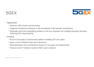 ACM SIGCOMM Tutorial | 2016-08-22 | Page 18
5GEx
› Approach
– Achieve a 90-minute services setup
– Integrate monitoring instances in the developed multi-operator architecture
– Optimally solve the embedding problem of service requests into multiple operators domains
matching SLA requirements
› Impact
– Proof of innovation multi-domain platform enabling 5G use cases
– Open source software tools and extensions
– Standardization and contributions based on concepts and experiments
– Telecom and IT market to extend 5GEx open solutions
 