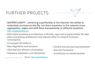 ACM SIGCOMM Tutorial | 2016-08-22 | Page 36
Further Projects
› SUPERFLUIDITY : achieving superfluidity in the Internet: the ability to
instantiate services on-the-fly, run them anywhere in the network (core,
aggregation, edge) and shift them transparently to different locations
http://superfluidity.eu
› Data plane processing architecture: A flexible, open and programmable 5G data
plane processing architecture and relevant APIs for network functions’
convergence
› Converged 5G platform
› New Algorithms and functions
› Ultra-fast and efficient virtualization
› Hardware adaptation and abstraction
Source: http://superfluidity.eu
› Control and provisioning framework
› Security framework
› Contribution to standardization
 