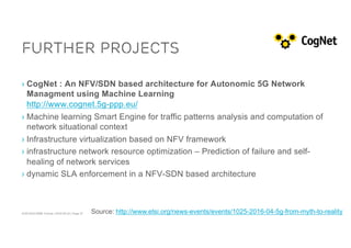 ACM SIGCOMM Tutorial | 2016-08-22 | Page 37
Further Projects
› CogNet : An NFV/SDN based architecture for Autonomic 5G Network
Managment using Machine Learning
http://www.cognet.5g-ppp.eu/
› Machine learning Smart Engine for traffic patterns analysis and computation of
network situational context
› Infrastructure virtualization based on NFV framework
› infrastructure network resource optimization – Prediction of failure and self-
healing of network services
› dynamic SLA enforcement in a NFV-SDN based architecture
Source: http://www.etsi.org/news-events/events/1025-2016-04-5g-from-myth-to-reality
 