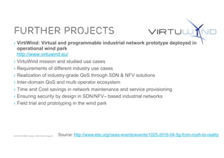 ACM SIGCOMM Tutorial | 2016-08-22 | Page 40
Further Projects
› VirtiWind: Virtual and programmable industrial network prototype deployed in
operational wind park
http://www.virtuwind.eu/
› VirtuWind mission and studied use cases
› Requirements of different industry use cases
› Realization of industry-grade QoS through SDN & NFV solutions
› Inter-domain QoS and multi operator ecosystem
› Time and Cost savings in network maintenance and service provisioning
› Ensuring security by design in SDN/NFV– based industrial networks
› Field trial and prototyping in the wind park
Source: http://www.etsi.org/news-events/events/1025-2016-04-5g-from-myth-to-reality
 