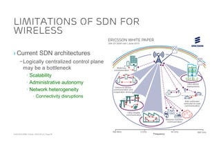 ACM SIGCOMM Tutorial | 2016-08-22 | Page 56
› Current SDN architectures
–Logically centralized control plane
may be a bottleneck
› Scalability
› Administrative autonomy
› Network heterogeneity
- Connectivity disruptions
Limitations of SDN for
Wireless
 