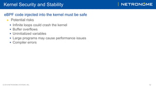 © 2018 NETRONOME SYSTEMS, INC. 12
Kernel Security and Stability
eBPF code injected into the kernel must be safe
▶  Potential risks
•  Infinite loops could crash the kernel
•  Buffer overflows
•  Uninitialized variables
•  Large programs may cause performance issues
•  Compiler errors
 