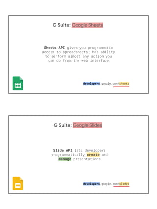 G Suite: Google Sheets
Sheets API
developers
G Suite: Google Slides
Slide API
create
manage
developers
 
