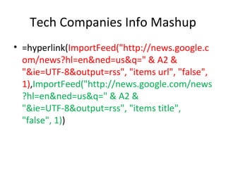 Tech Companies Info Mashup =hyperlink( ImportFeed("http://news.google.com/news?hl=en&ned=us&q=" & A2 & "&ie=UTF-8&output=rss", "items url", "false", 1) , ImportFeed("http://news.google.com/news?hl=en&ned=us&q=" & A2 & "&ie=UTF-8&output=rss", "items title", "false", 1) ) 