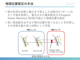 • 喉が自然な状態と最大まで挙上した状態の2パターンの
センサ値を取得し，算出された確率推定付きSupport
Vector Machine (SVM)の値より喉頭位置を推定
• 高い周波数を出すほど喉の位置が高くなることを利用し，
その状態を最大挙上状態として学習
喉頭位置推定の手法
喉頭位置推定の手法
15
 