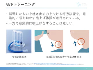 • 誤嚥したものを吐き出す力をつける呼吸訓練や，意
識的に喉を動かす喉上げ体操が着目されている．
• 一方で意識的に喉上げをすることは難しい．
[2]看護roo! 術前指導のポイント｜合併症を予防するには？, https://www.kango-roo.com/sn/k/view/1931, (2018/10/4)
[3]NIKKEI STYLE,ごっくん運動でのどを筋トレ 飲み込み力、低下防ぐ, https://style.nikkei.com/article/DGXKZO27856800Y8A300C1W10600?page=2, (2018/7/2)
嚥下トレーニング
呼吸訓練器[2] 意識的に喉を動かす喉上げ体操[3]
5
 