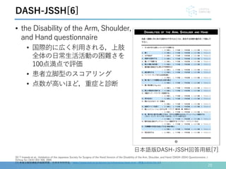 • the Disability of the Arm, Shoulder,
and Hand questionnaire
• 国際的に広く利用される，上肢
全体の日常生活活動の困難さを
100点満点で評価
• 患者立脚型のスコアリング
• 点数が高いほど，重症と診断
20
[6] T Imaeda et al., Validation of the Japanese Society for Surgery of the Hand Version of the Disability of the Arm, Shoulder, and Hand (DASH-JSSH) Questionnaire. J
Orthop Sci 10(4):353-359, 2005
[7] 患者立脚型機能評価質問票，日本手外科学会， http://www.jssh.or.jp/doctor/jp/infomation/dash.html（閲覧日2020/09/30）
DASH-JSSH[6]
日本語版DASH-JSSH回答用紙[7]
 