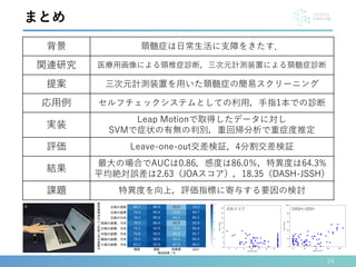 24
まとめ
背景 頚髄症は日常生活に支障をきたす．
関連研究 医療用画像による頸椎症診断，三次元計測装置による頚髄症診断
提案 三次元計測装置を用いた頚髄症の簡易スクリーニング
応用例 セルフチェックシステムとしての利用，手指1本での診断
実装
Leap Motionで取得したデータに対し
SVMで症状の有無の判別，重回帰分析で重症度推定
評価 Leave-one-out交差検証，4分割交差検証
結果
最大の場合でAUCは0.86，感度は86.0％，特異度は64.3%
平均絶対誤差は2.63（JOAスコア），18.35（DASH-JSSH）
課題 特異度を向上，評価指標に寄与する要因の検討
JOAスコア DASH-JSSH
 