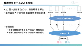 • 20 個の分割単位ごとに陽性確率を算出
• 陽性確率の平均を映像の陽性確率と定義
• 疾患判定
• 映像の陽性確率が閾値より高い→陽性判定
• 映像の陽性確率が閾値より高い→陽性判定
13
機械学習モデルによる分類
加算平均 P
陽性
閾値と比較
陰性
 