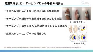 5
• 手指への制約による物体把持方法の変化を観察
• テーピングが親指の可動領域を狭めることを実証
• テーピング手法が CTS の症状を再現できることを示唆
• 疾患スクリーニングへの応用はなし
関連研究 (1/2) ：テーピングによる手指の制御 [3]
[3] N. Miyata et al., "Observation of Grasping Style Adaptation due to Artificially Limited Joint Range of Motion of the Thumb", Proc. 2017 Int. Symp. on Micro-NanoMechanics and Human science, pp. 206-207, 2017.
親指の可動域 [3]
テーピングの様子 [3]
 