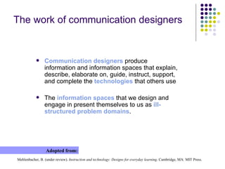 The work of communication designers Communication designers  produce information and information spaces that explain, describe, elaborate on, guide, instruct, support, and complete the  technologies  that others use The  information spaces  that we design and engage in present themselves to us as  ill-structured problem domains . Mehlenbacher, B. (under review).  Instruction and technology: Designs for everyday learning . Cambridge, MA: MIT Press .  Adopted from: 