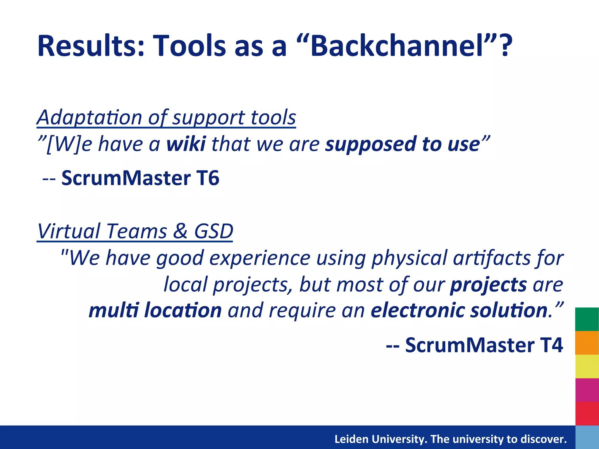 Results:	
  Tools	
  as	
  a	
  “Backchannel”?	
  
	
  

Adapta+on	
  of	
  support	
  tools	
  
”[W]e	
  have	
  a	
  wiki	
  that	
  we	
  are	
  supposed	
  to	
  use”	
  	
  
	
  


	
  -­‐-­‐	
  ScrumMaster	
  T6	
  
	
  
Virtual	
  Teams	
  &	
  GSD	
  	
  
            "We	
  have	
  good	
  experience	
  using	
  physical	
  ar+facts	
  for	
  
                            local	
  projects,	
  but	
  most	
  of	
  our	
  projects	
  are	
  	
  
                 mul7	
  loca7on	
  and	
  require	
  an	
  electronic	
  solu7on.”	
  	
                                                                          	
  


                                                                                    	
  -­‐-­‐	
  ScrumMaster	
  T4	
  
                                                                                                                                                                  	
  

	
  
	
  
                                                 	
  	
  	
  	
  	
  	
  	
  	
  	
  	
  	
  	
  	
  Leiden	
  University.	
  The	
  university	
  to	
  discover.	
  
 