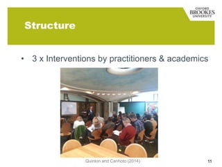 Structure
• 3 x Interventions by practitioners & academics

Quinton and Canhoto (2014)

11

 