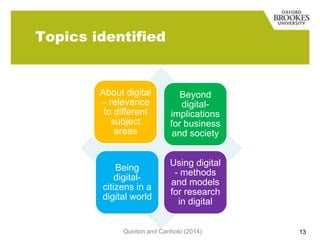 Topics identified

About digital
– relevance
to different
subject
areas

Beyond
digitalimplications
for business
and society

Being
digitalcitizens in a
digital world

Using digital
- methods
and models
for research
in digital

Quinton and Canhoto (2014)

13

 
