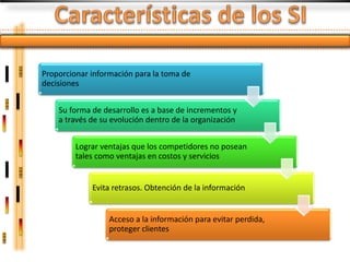 Proporcionar información para la toma de
decisiones


    Su forma de desarrollo es a base de incrementos y
    a través de su evolución dentro de la organización


         Lograr ventajas que los competidores no posean
         tales como ventajas en costos y servicios


             Evita retrasos. Obtención de la información


                  Acceso a la información para evitar perdida,
                  proteger clientes
 