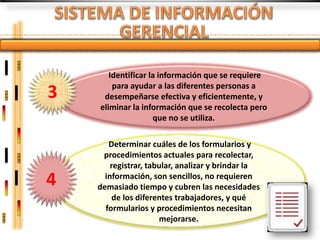 Identificar la información que se requiere
        para ayudar a las diferentes personas a
3    desempeñarse efectiva y eficientemente, y
    eliminar la información que se recolecta pero
                    que no se utiliza.

       Determinar cuáles de los formularios y
     procedimientos actuales para recolectar,
        registrar, tabular, analizar y brindar la
4     información, son sencillos, no requieren
    demasiado tiempo y cubren las necesidades
         de los diferentes trabajadores, y qué
      formularios y procedimientos necesitan
                      mejorarse.
 