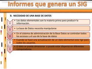 B. NECESIDAD DE UNA BASE DE DATOS
    • Los datos elementales son la materia prima para producir la
1     información.

2
    • La base de Datos necesita manipularse
    • En el sistema de administración de la Base Datos se controlan todos
3     los accesos y el uso de la base de datos
    • Cuando se hace una actualización de un dato elemental esta rige para
4     todos los usuarios.
    • El dato se puede almacenar o puede estar disperso en diferentes
5     computadoras.
 