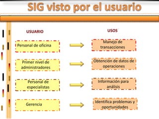 USUARIO                 USOS

                           Manejo de
Personal de oficina      transacciones


  Primer nivel de     Obtención de datos de
  administradores         operaciones


     Personal de        Información para
     especialistas           análisis


                      Identifica problemas y
    Gerencia
                         oportunidades
 
