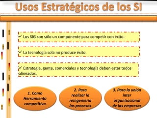  Los SIG son sólo un componente para competir con éxito.


 La tecnología sola no produce éxito.


 Estrategia, gente, comerciales y tecnología deben estar todos
alineados.


                               2. Para              3. Para la unión
    1. Como                  realizar la                  inter
  Herramienta               reingeniería            organizacional
  competitiva               los procesos            de las empresas
 
