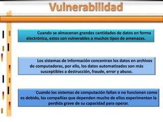 Cuando se almacenan grandes cantidades de datos en forma
  electrónica, estos son vulnerables a muchos tipos de amenazas.



        Los sistemas de información concentran los datos en archivos
    de computadoras, por ello, los datos automatizados son más
          susceptibles a destrucción, fraude, error y abuso.



        Cuando los sistemas de computación fallan o no funcionan como
es debido, las compañías que dependen mucho de ellos experimentan la
                perdida grave de su capacidad para operar.
 