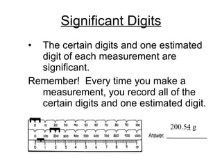 Significant Digits The certain digits and one estimated digit of each measurement are significant. Remember!  Every time you make a measurement, you record all of the certain digits and one estimated digit. 200.5 4  g 