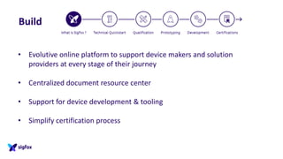 Build
• Evolutive online platform to support device makers and solution
providers at every stage of their journey
• Centralized document resource center
• Support for device development & tooling
• Simplify certification process
 