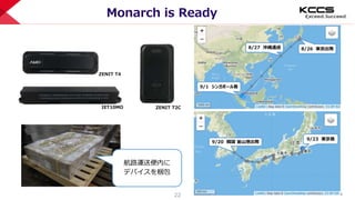 © KYOCERA Communication Systems Co., Ltd.
22
Monarch is Ready
8/27 沖縄通過 8/26 東京出発
9/1 シンガポール着
9/20 韓国 釜山港出発
9/23 東京着
ZENIT T4
IET10MO ZENIT T2C
航路運送便内に
デバイスを梱包
 