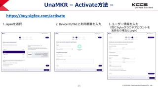 © KYOCERA Communication Systems Co., Ltd.
35
UnaMKR – Activate方法 –
https://buy.sigfox.com/activate
1. Japanを選択 2. Device ID/PACと利用概要を入力 3. ユーザー情報を入力
（既にSigfoxクラウドアカウントを
お持ちの場合はLogin）
 