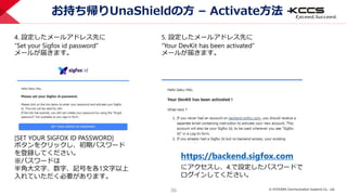 © KYOCERA Communication Systems Co., Ltd.
36
お持ち帰りUnaShieldの方 – Activate方法 –
https://backend.sigfox.com
4. 設定したメールアドレス先に
“Set your Sigfox id password”
メールが届きます。
[SET YOUR SIGFOX ID PASSWORD]
ボタンをクリックし、初期パスワード
を登録してください。
※パスワードは
半角大文字、数字、記号を各1文字以上
入れていただく必要があります。
5. 設定したメールアドレス先に
“Your DevKit has been activated”
メールが届きます。
にアクセスし、4.で設定したパスワードで
ログインしてください。
 