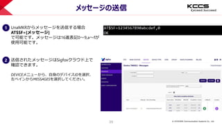 © KYOCERA Communication Systems Co., Ltd.
39
メッセージの送信
1 UnaMKRからメッセージを送信する場合
AT$SF=[メッセージ]
で可能です。メッセージは16進表記0～9,a～fが
使用可能です。
2 送信されたメッセージはSigfoxクラウド上で
確認できます。
DEVICEメニューから、自身のデバイスIDを選択、
左ペインからMESSAGESを選択してください。
 