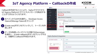 © KYOCERA Communication Systems Co., Ltd.
43
IoT Agency Platform – Callbackの作成
1 左ペインから[API]を選択し、Developer Access
TokensのManage Tokensをクリック
Callbackを作成することにより、Sigfoxクラウドから
IoT Agency Platformにデバイスメッセージを転送する
ことができるようになります。
2 [Create new]ボタンをクリックして、トークンを作
成します
3 データを取得したいデバイスが属するDevicetype
を選択し、[Create callbacks]ボタンをクリックする
と、自動的にCallbackが作成されます。
 