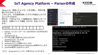 © KYOCERA Communication Systems Co., Ltd.
45
IoT Agency Platform – Parserの作成
Parserとは、受信したメッセージを分解し、特定の変
数に代入することです。
これにより、その変数を使ってグラフを表示したりす
ることができます。
例えば、下記のような（16進表記の）受信メッセージ
があり、先頭2バイトで温度（28.5℃）を送ったとし
ます。
01 1D …
1. Payload（メッセージデータ）の0文字目から4文字目を切り
出します
payload.slice(0, 4)
2. 0x11Dを10進に変換すると285となります
parseInt(“011D”, 16)  285
3. 285を10で割ると28.5
4. temperatureという変数に代入します。
5. Key-Value(obj変数)のvalueにtemperature変数を代入します
6. parseDate配列にobjを代入します
これで、’temperature’というキーを使えるようになります。
var payload, temperature, parsedData = [], obj = {};
// If byte #1 of the payload is temperature (hex to decimal)
temperature = parseInt(payload.slice(0, 4), 16) / 10;
// Store objects in parsedData array
obj = {};
obj.key = 'temperature';
obj.value = temperature;
obj.type = 'number';
obj.unit = '°C';
parsedData.push(obj);
return parsedData;
 
