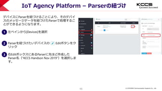 © KYOCERA Communication Systems Co., Ltd.
46
IoT Agency Platform – Parserの紐づけ
1 左ペインから[Devices]を選択
デバイスにParserを紐づけることにより、そのデバイ
スのメッセージデータを紐づけたParserで処理するこ
とができるようになります。
2 Parserを紐づけたいデバイスの Editボタンをク
リック
3 右EditボックスにあるParserに先ほど作成した
Parser名（”KCCS Handson Nov 2019”）を選択しま
す。
 