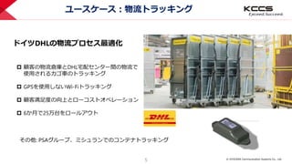 © KYOCERA Communication Systems Co., Ltd.
5
ユースケース：物流トラッキング
 顧客の物流倉庫とDHL宅配センター間の物流で
使用されるカゴ車のトラッキング
 GPSを使用しないWi-Fiトラッキング
 顧客満足度の向上とローコストオペレーション
 6か月で25万台をロールアウト
ドイツDHLの物流プロセス最適化
その他: PSAグループ、ミシュランでのコンテナトラッキング
 