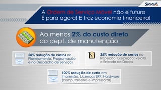 A Ordem de Serviço Móvel não é futuro
É para agora! E traz economia financeira!

Ao menos 2% do custo direto
do dept. de manutenção
50% redução de custos no
Planejamento, Programação
e no Despacho de Serviços

25% redução de custos na
Inspeção, Execução, Relato
e Entrada de Dados

100% redução de custo em
Impressão, Licenças ERP, Hardware
(computadores e impressoras)

 