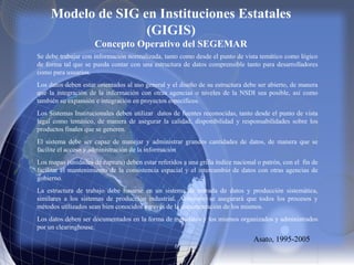 Modelo de SIG en Instituciones Estatales
(GIGIS)
Concepto Operativo del SEGEMAR
Se debe trabajar con información normalizada, tanto como desde el punto de vista temático como lógico
de forma tal que se pueda contar con una estructura de datos comprensible tanto para desarrolladores
como para usuarios.
Los datos deben estar orientados al uso general y el diseño de su estructura debe ser abierto, de manera
que la integración de la información con otras agencias o niveles de la NSDI sea posible, así como
también su expansión e integración en proyectos específicos.
Los Sistemas Institucionales deben utilizar datos de fuentes reconocidas, tanto desde el punto de vista
legal como temático, de manera de asegurar la calidad, disponibilidad y responsabilidades sobre los
productos finales que se generen.
El sistema debe ser capaz de manejar y administrar grandes cantidades de datos, de manera que se
facilite el acceso y administración de la información
Los mapas (unidades de captura) deben estar referidos a una grilla índice nacional o patrón, con el fin de
facilitar el mantenimiento de la consistencia espacial y el intercambio de datos con otras agencias de
gobierno.
La estructura de trabajo debe basarse en un sistema de entrada de datos y producción sistemática,
similares a los sistemas de producción industrial. Asimismo se asegurará que todos los procesos y
métodos utilizados sean bien conocidos a través de la documentación de los mismos.
Los datos deben ser documentados en la forma de metadatos y los mismos organizados y administrados
por un clearinghouse.
Asato, 1995-2005
 