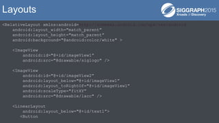<RelativeLayout xmlns:android=http://schemas.android.com/apk/res/android
android:layout_width="match_parent”
android:layout_height="match_parent”
android:background="@android:color/white" >
<ImageView
android:id="@+id/imageView1”
android:src="@drawable/siglogo" />
<ImageView
android:id="@+id/imageView2”
android:layout_below="@+id/imageView1”
android:layout_toRightOf="@+id/imageView1”
android:scaleType="fitXY”
android:src="@drawable/lacc" />
<LinearLayout
android:layout_below="@+id/text1”>
<Button
Layouts
 
