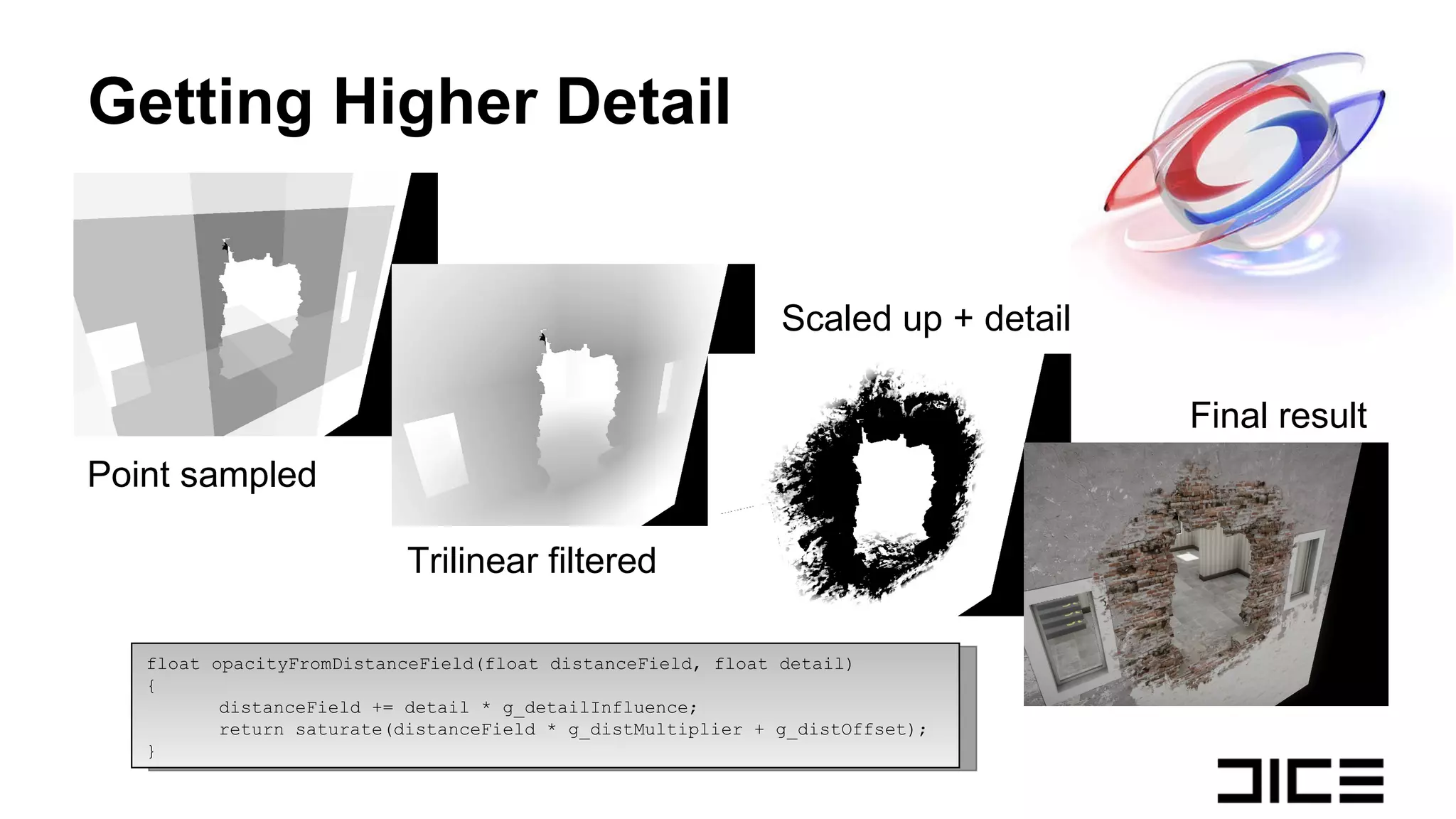 Getting Higher Detail float opacityFromDistanceField(float distanceField, float detail) { distanceField  += detail * g_detailInfluence; return saturate( distanceField  * g_distMultiplier + g_distOffset); } Point sampled Trilinear filtered Scaled up + detail Final result 