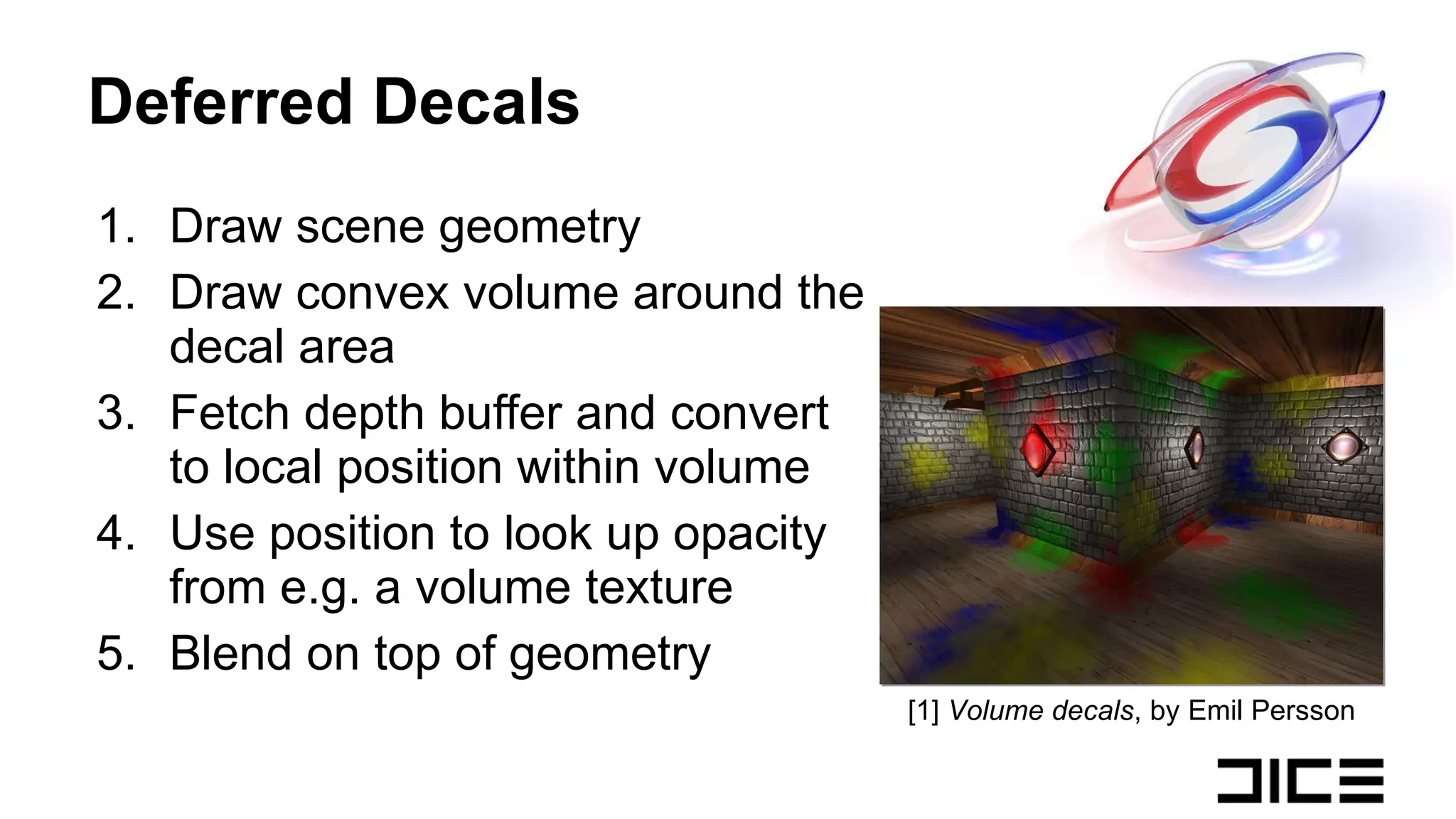 Deferred Decals Draw scene geometry Draw convex volume around the decal area Fetch depth buffer and convert to local position within volume Use position to look up opacity from e.g. a volume texture Blend on top of geometry [1]  Volume decals , by Emil Persson 
