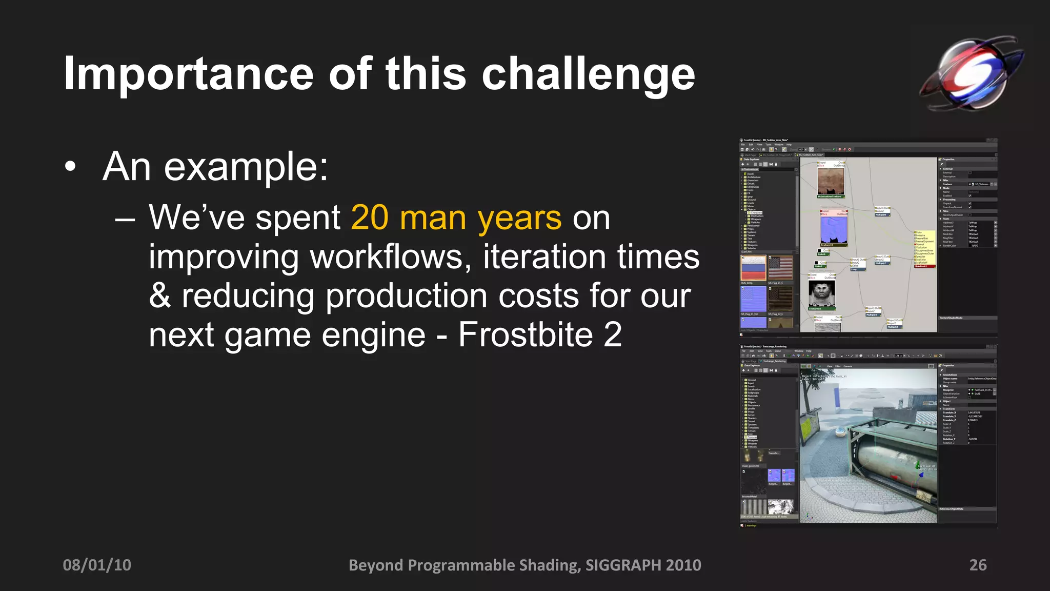 Importance of this challenge An example:  We’ve spent  20 man years  on improving workflows, iteration times & reducing production costs for our next game engine - Frostbite 2 08/01/10 Beyond Programmable Shading, SIGGRAPH 2010 