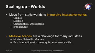 Scaling up - Worlds Move from static worlds to  immersive interactive worlds Unique Detailed  Changeable / Destructible  (Procedural) Massive scenes  are a challenge for many industries  Movies, Scientific, Games Esp. interaction with memory & performance cliffs 08/01/10 Beyond Programmable Shading, SIGGRAPH 2010 